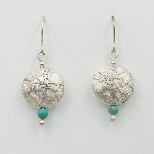 DKC-1151 Earrings Round Disks Textured Sterling Silver and Turquoise $80 at Hunter Wolff Gallery